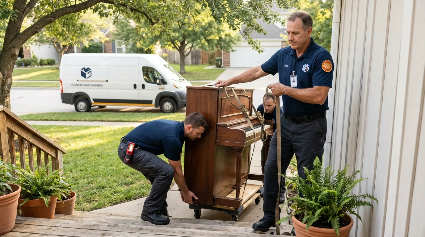 Licensed piano movers securing grand piano in Fort Atkinson, WI