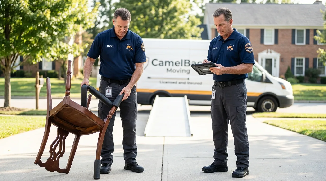 Movers inspecting furniture for damage prevention before loading in Fort Atkinson, WI