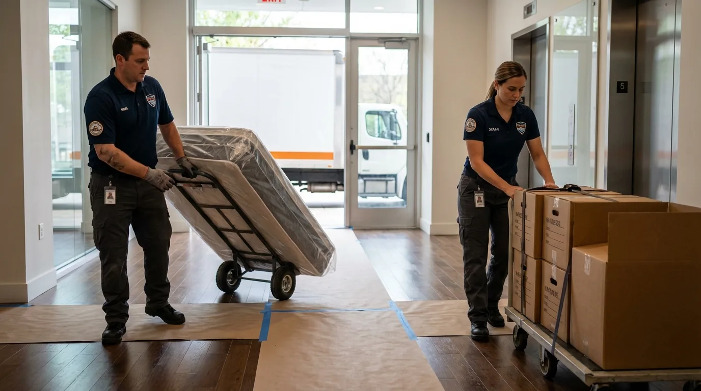 Professional apartment movers loading elevator in Fort Atkinson, WI